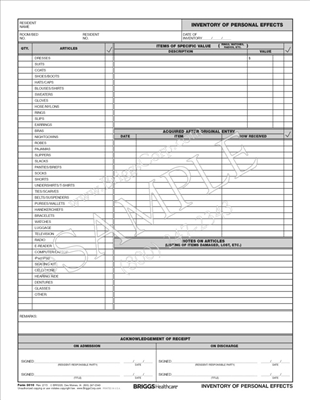 Briggs Healthcare 3010 Inventory of Personal Effects Form | Personal