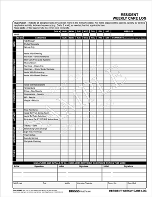 Briggs Healthcare 3389p Assisted Living Resident Weekly Care Log 