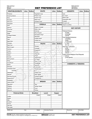 Briggs Healthcare 505 Diet Preference List Form | List Form